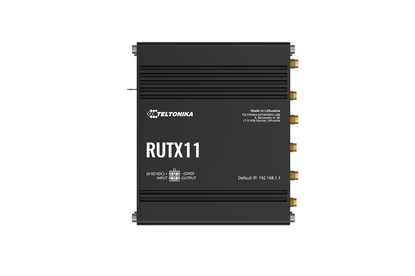 Black Teltonika RUTX11 LTE Cat 6 router side with gold connectors