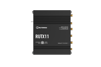 Black Teltonika RUTX11 LTE Cat 6 router side with gold connectors