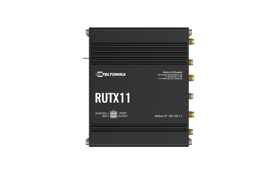 Black Teltonika RUTX11 LTE Cat 6 router side with gold connectors