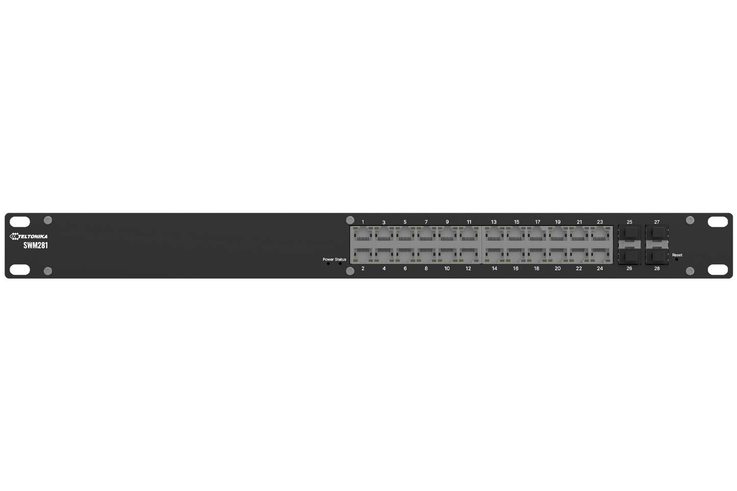 Black metal teltonika swm28 24-port gigabit managed network switch with 4 sfp ports and sleek rectangular design