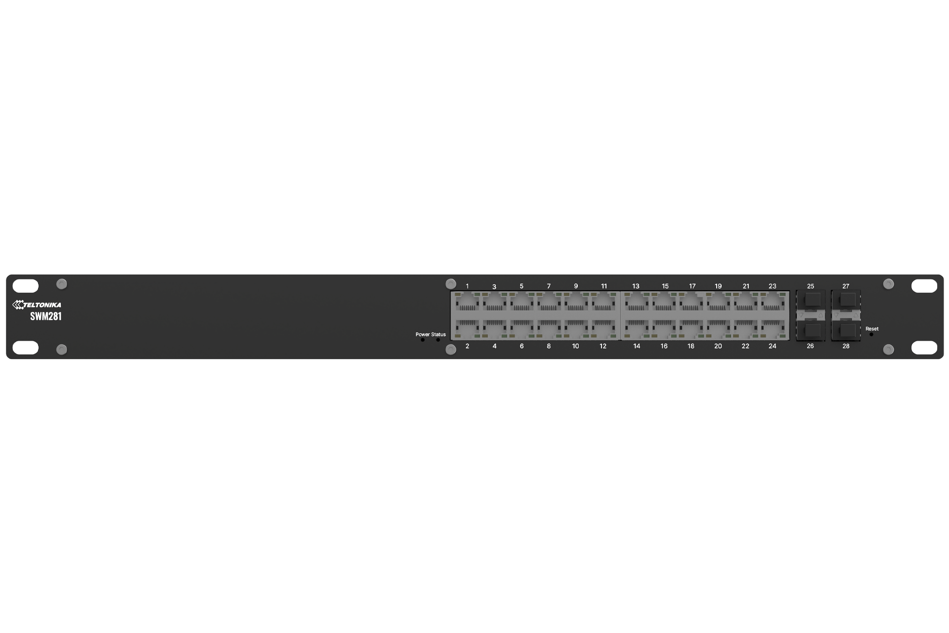 Black metal teltonika swm28 24-port gigabit managed network switch with 4 sfp ports and sleek rectangular design