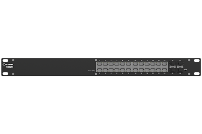 Black metal teltonika swm28 24-port gigabit managed network switch with 4 sfp ports and sleek rectangular design
