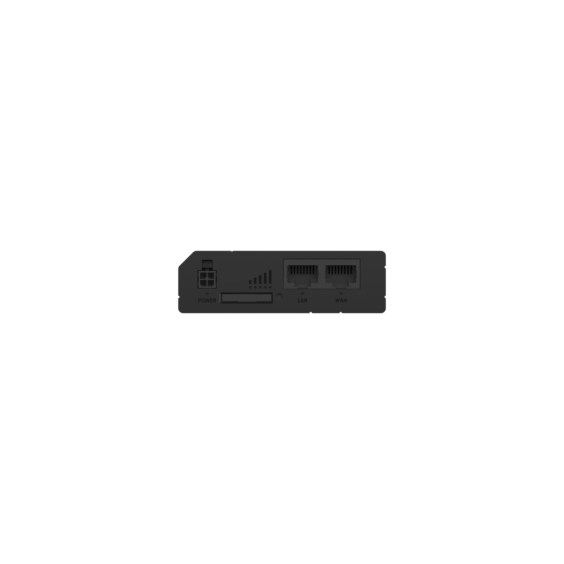 Black rectangular teltonika rut260 lte cat 6 router back side with two ethernet ports usb port and sd card slot