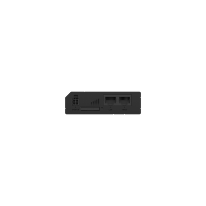 Black rectangular teltonika rut260 lte cat 6 router back side with two ethernet ports usb port and sd card slot