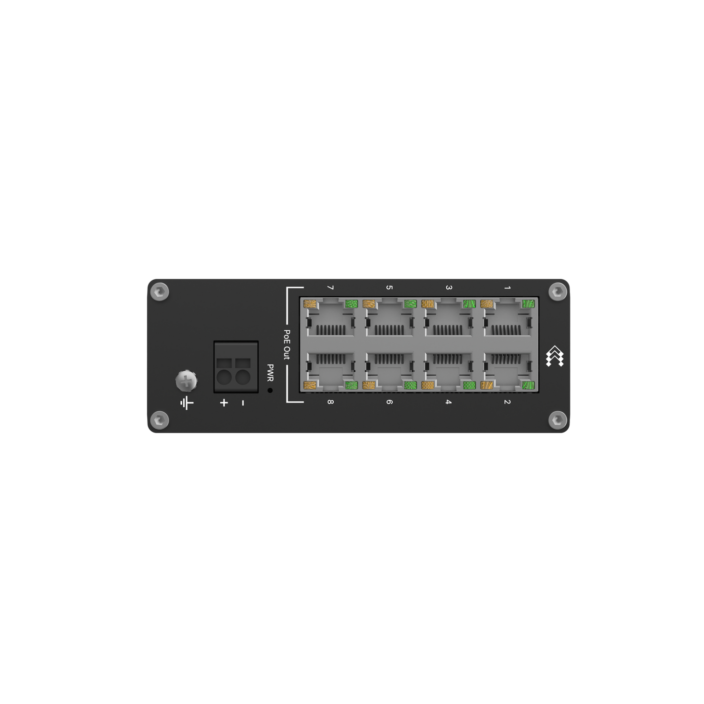 Black Teltonika TSW040 industrial ethernet switch with eight green-lit ports and power input for PoE+ use