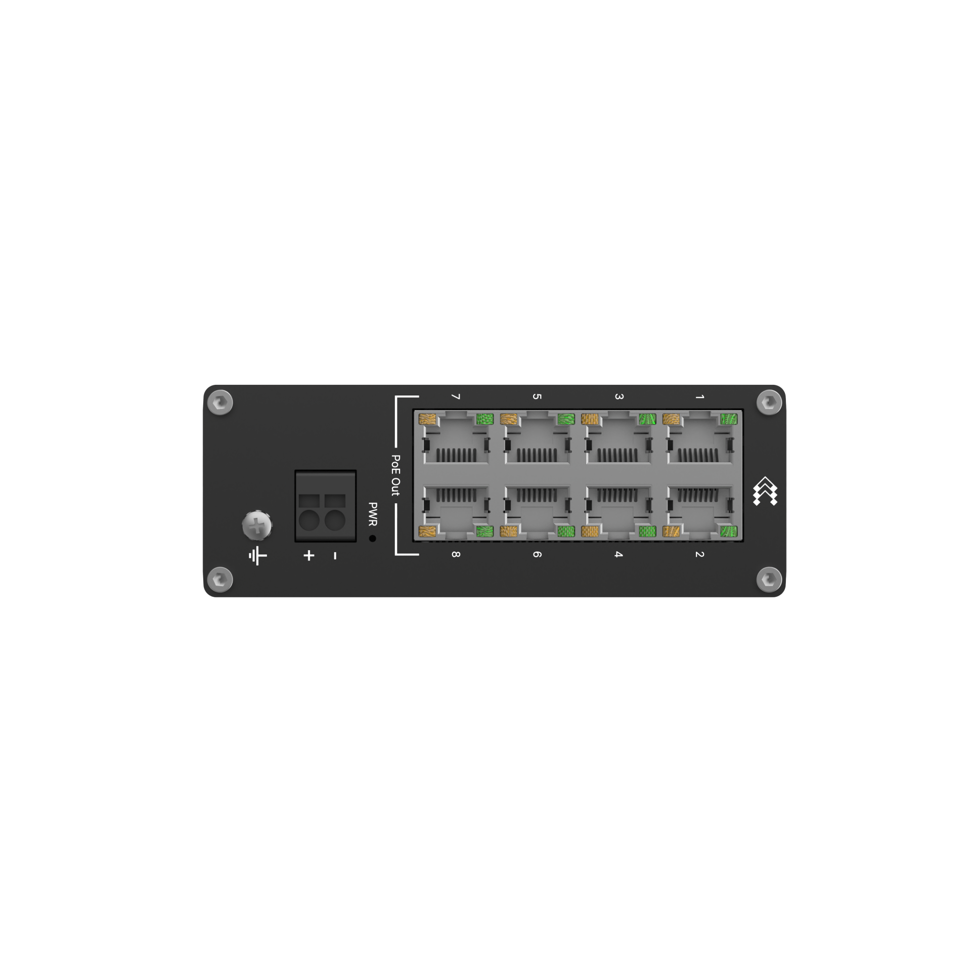 Black Teltonika TSW040 industrial ethernet switch with eight green-lit ports and power input for PoE+ use