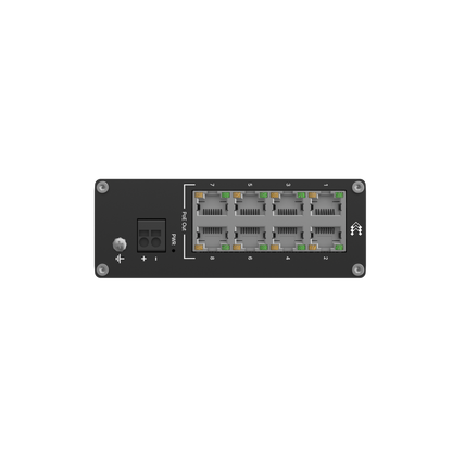 Black Teltonika TSW040 industrial ethernet switch with eight green-lit ports and power input for PoE+ use