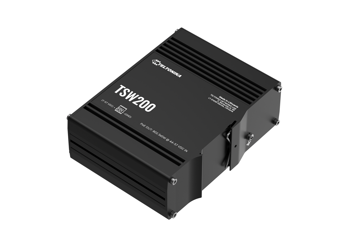 Black rectangular teltonika tsw200 unmanaged gigabit ethernet switch with matte finish and ventilation slits on sides