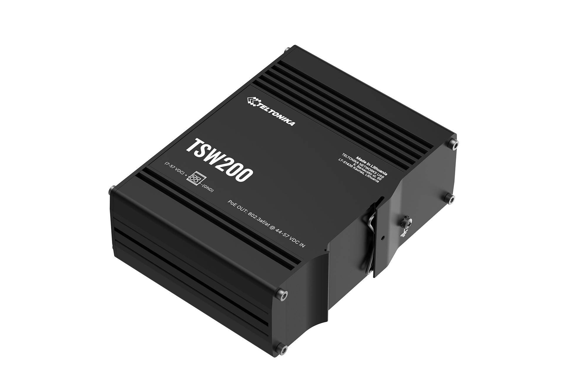 Black rectangular teltonika tsw200 unmanaged gigabit ethernet switch with matte finish and ventilation slits on sides