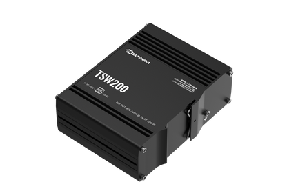 Black rectangular teltonika tsw200 unmanaged gigabit ethernet switch with matte finish and ventilation slits on sides