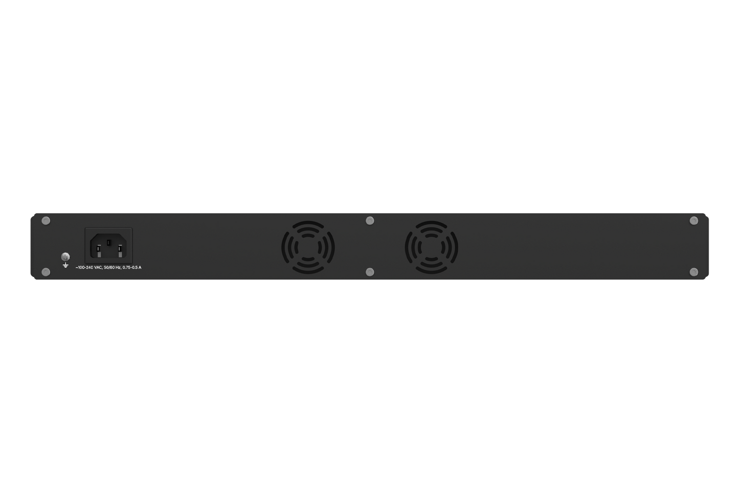 Black rectangular Teltonika SWM281000000 switch back with two circular fans and power input port on the left side