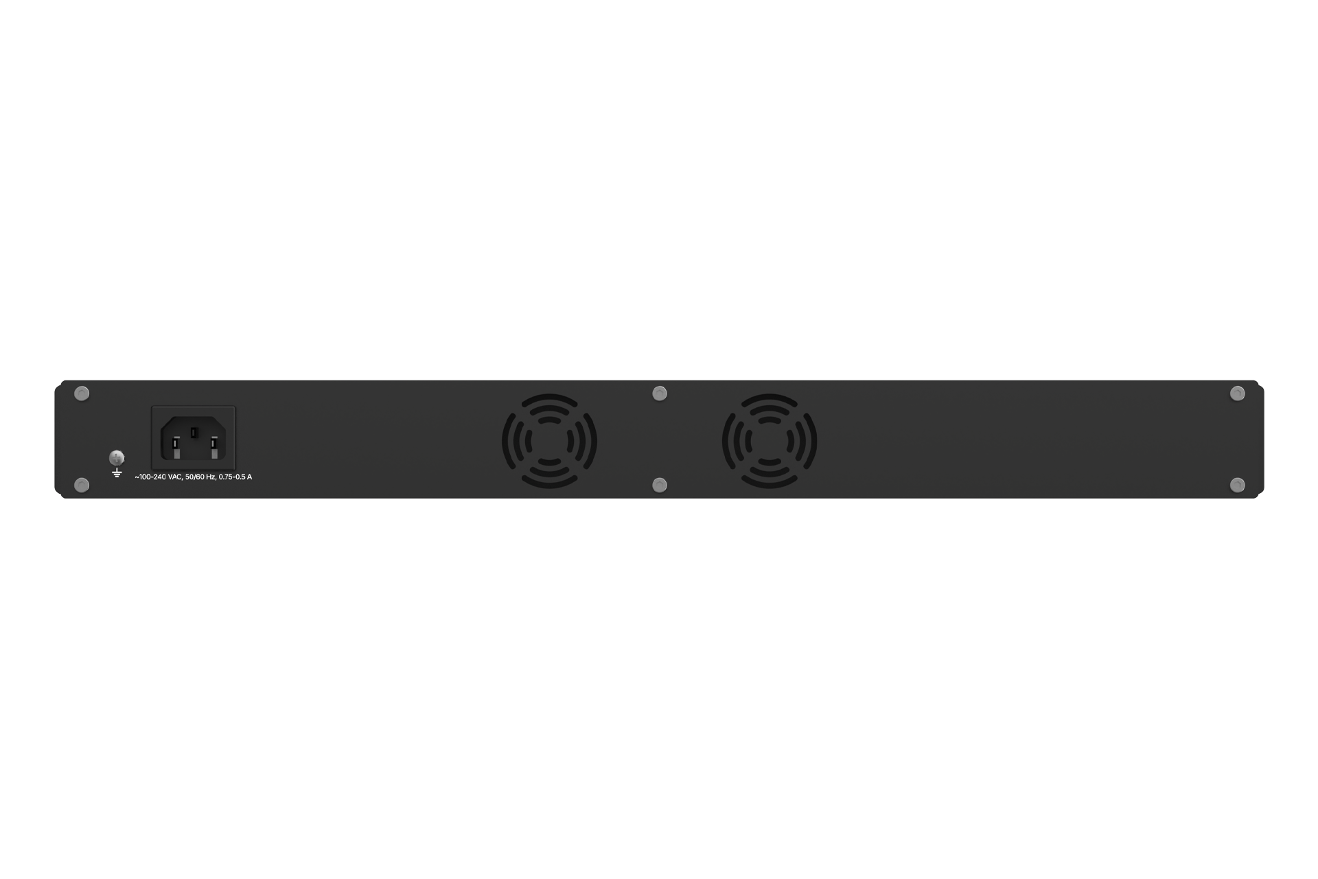 Black rectangular Teltonika SWM281000000 switch back with two circular fans and power input port on the left side