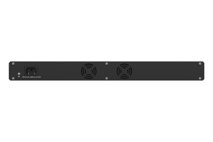 Black rectangular Teltonika SWM281000000 switch back with two circular fans and power input port on the left side