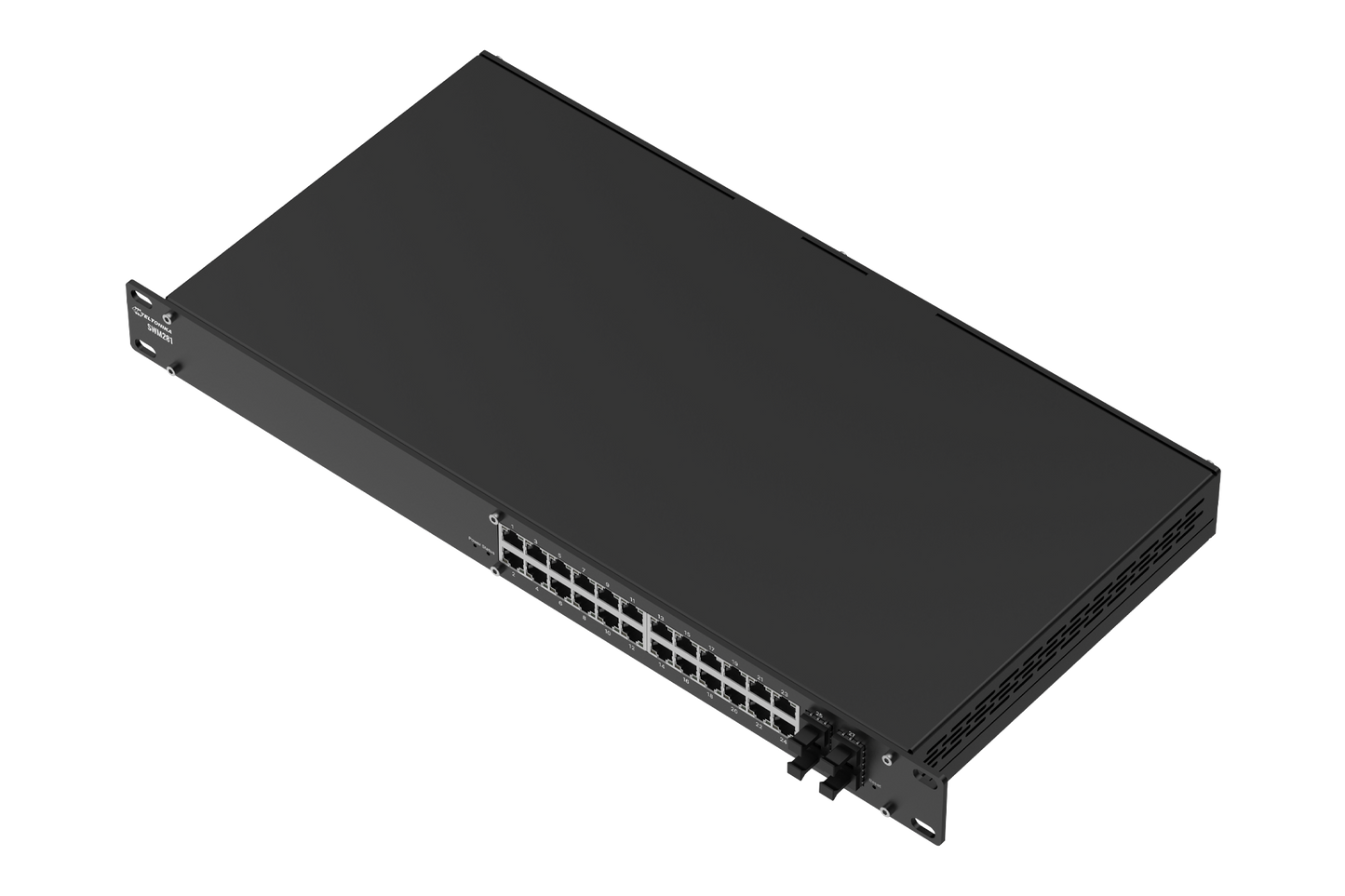 Black rectangular teltonika swm28 24-port gigabit managed switch with ethernet ports and ventilation slots back view