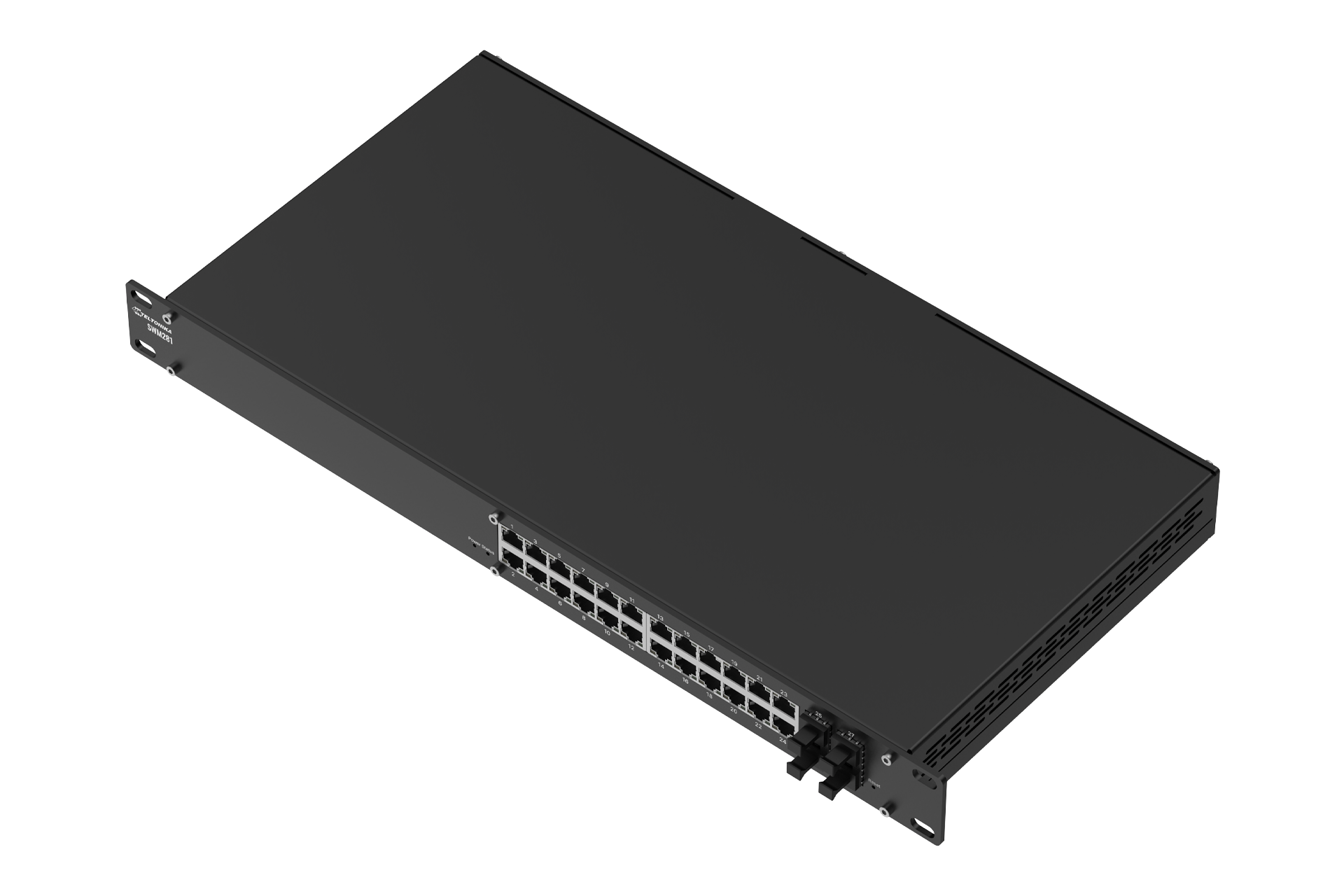 Black rectangular teltonika swm28 24-port gigabit managed switch with ethernet ports and ventilation slots back view