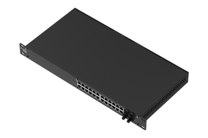 Black rectangular teltonika swm28 24-port gigabit managed switch with ethernet ports and ventilation slots back view