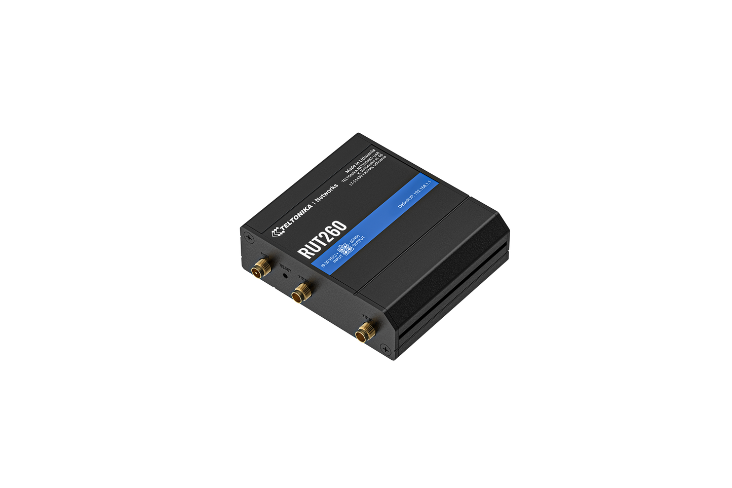 Black rectangular teltonika rut260 lte cat 6 router with blue label and gold antenna connectors for wan failover and lan use