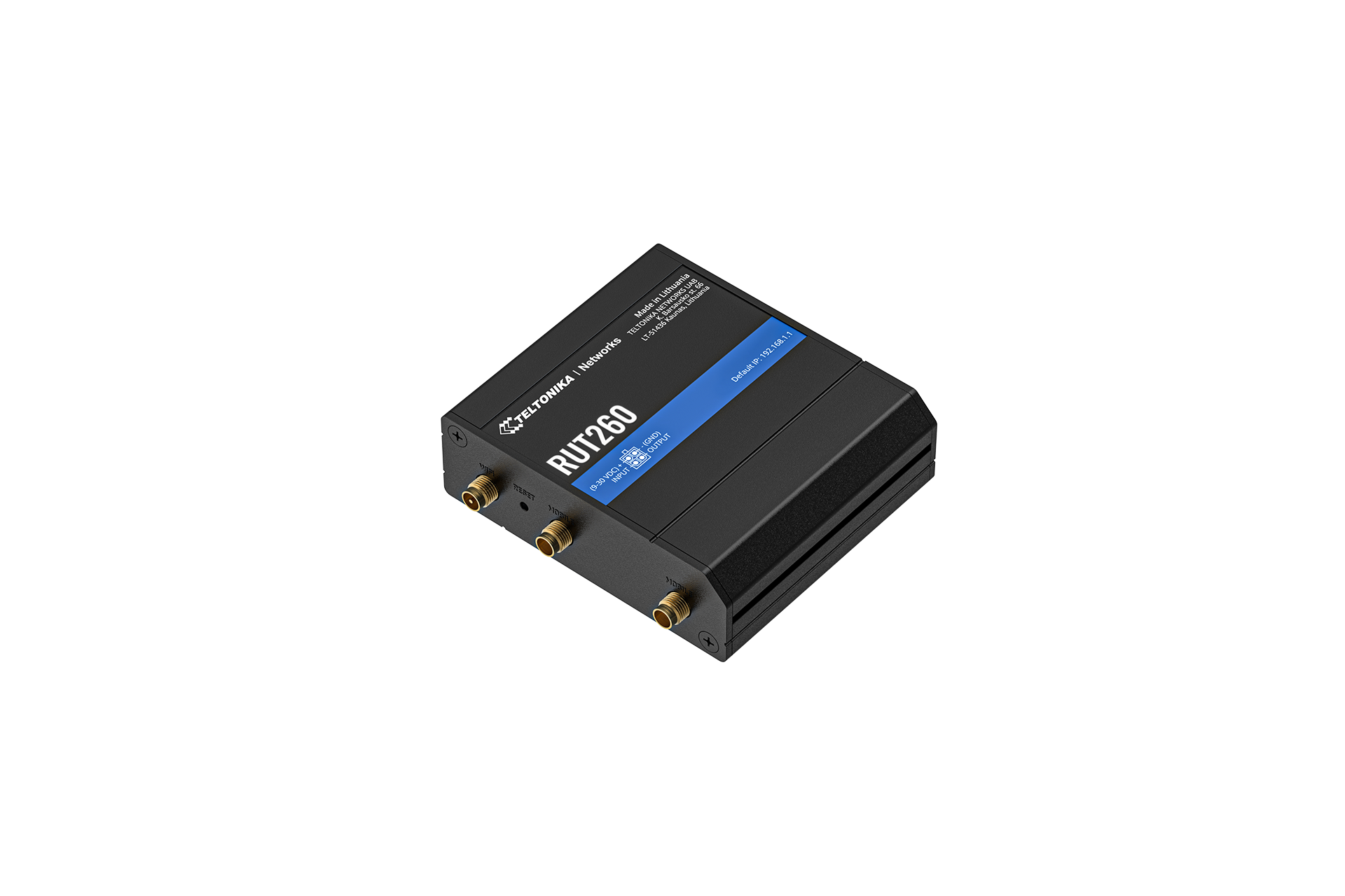 Black rectangular teltonika rut260 lte cat 6 router with blue label and gold antenna connectors for wan failover and lan use