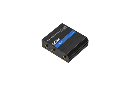Black rectangular teltonika rut260 lte cat 6 router with blue label and gold antenna connectors for wan failover and lan use