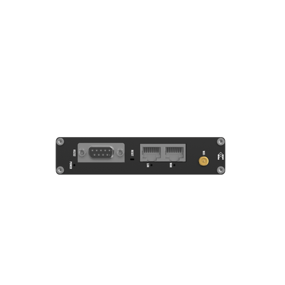 Black teltonika rut142 industrial rs232 router back side with db9 serial port two ethernet ports and antenna connector