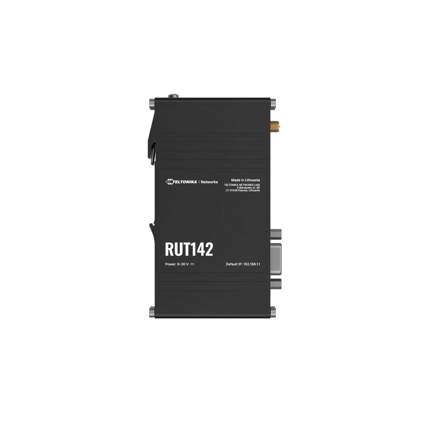 Black rectangular teltonika rut142 industrial rs232 router with silver edges and gold connector ports for wifi and ethernet