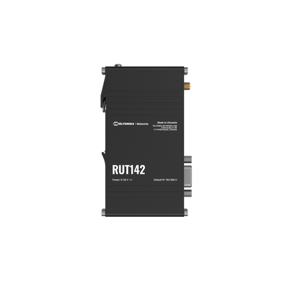 Black rectangular teltonika rut142 industrial rs232 router with silver edges and gold connector ports for wifi and ethernet