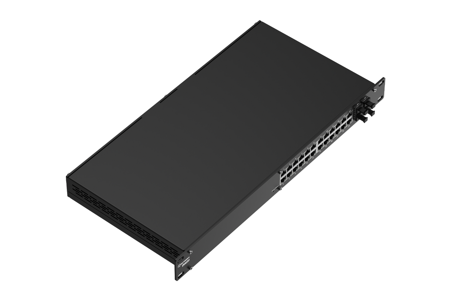 Black rectangular teltonika swm28 24-port gigabit managed network switch with 4 sfp ports on the front panel