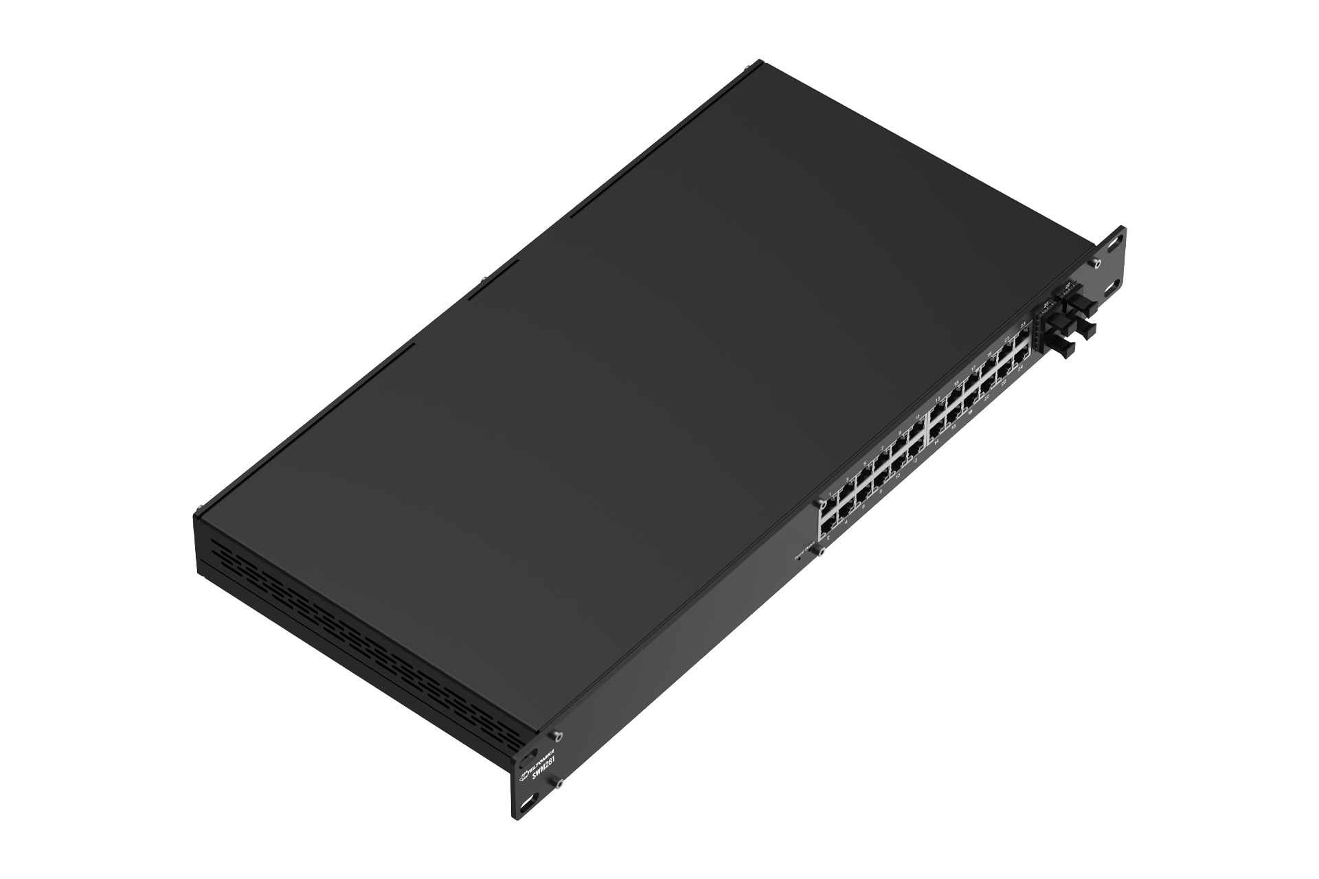 Black rectangular teltonika swm28 24-port gigabit managed network switch with 4 sfp ports on the front panel