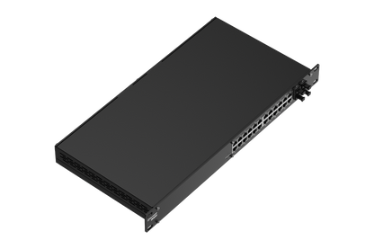 Black rectangular teltonika swm28 24-port gigabit managed network switch with 4 sfp ports on the front panel