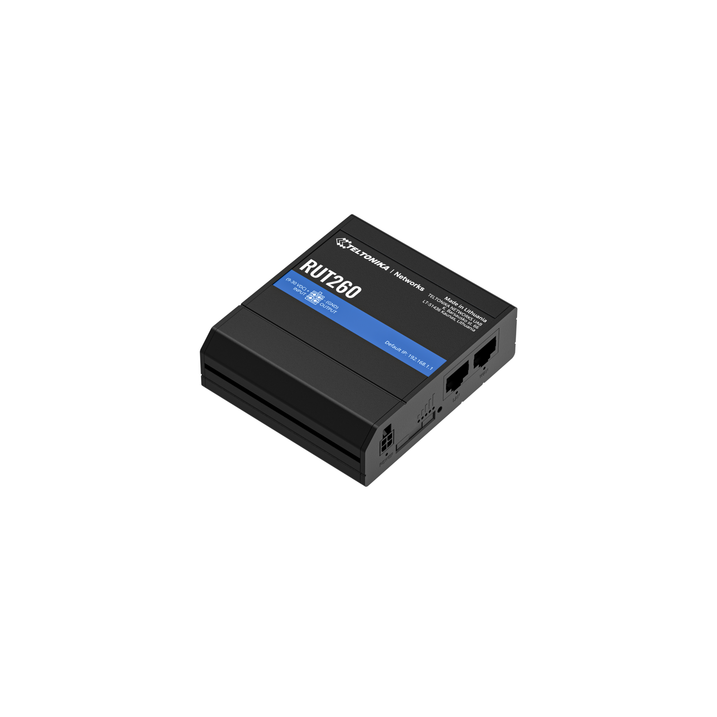 Black rectangular tp-link rut260 router with blue label and multiple ports on the side showing the back view
