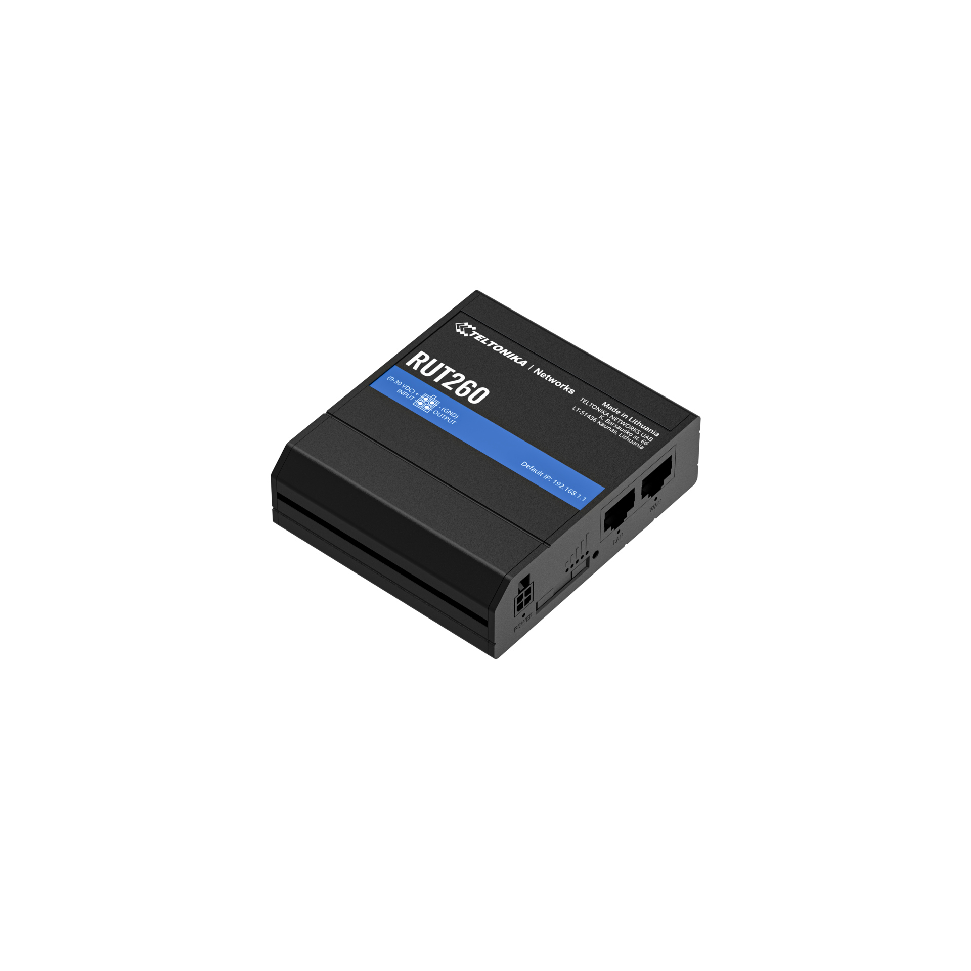 Black rectangular tp-link rut260 router with blue label and multiple ports on the side showing the back view