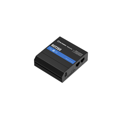 Black rectangular tp-link rut260 router with blue label and multiple ports on the side showing the back view