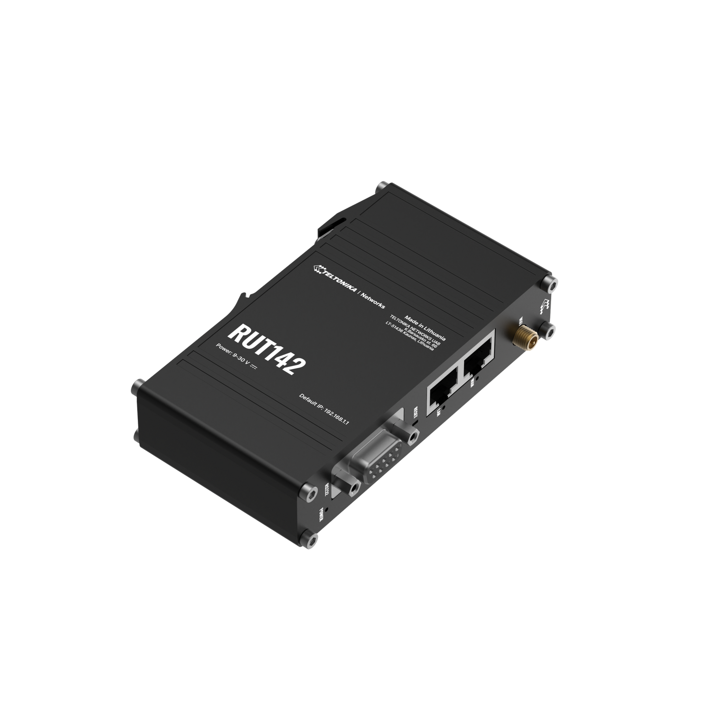 Black plastic teltonika rut142 industrial rs232 router back side with labeled ports and gold-colored antenna connector