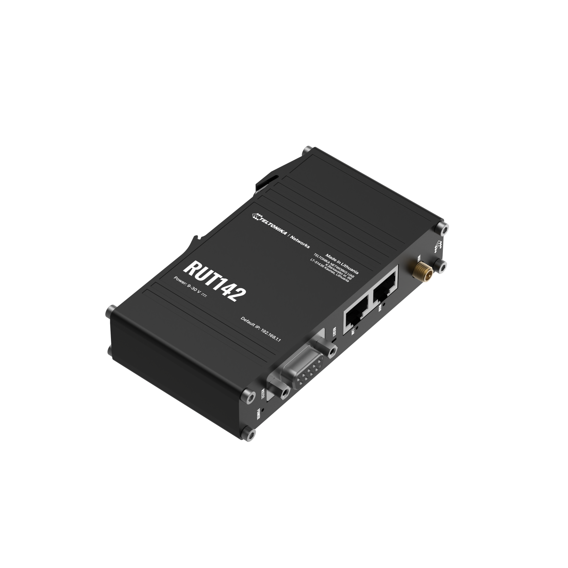 Black plastic teltonika rut142 industrial rs232 router back side with labeled ports and gold-colored antenna connector