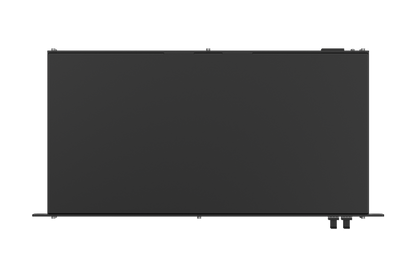 Black laptop with sleek minimalist design and thin bezels shown alongside teltonika swm281000000 24-port gigabit managed switch