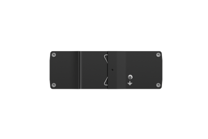Black rectangular Teltonika TSW200 8-port gigabit PoE+ industrial switch back with silver screws and grounding symbol
