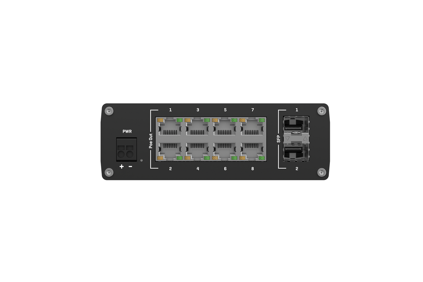 Black teltonika tsw200 unmanaged gigabit ethernet switch with eight ethernet ports two sfp slots and au power input on left