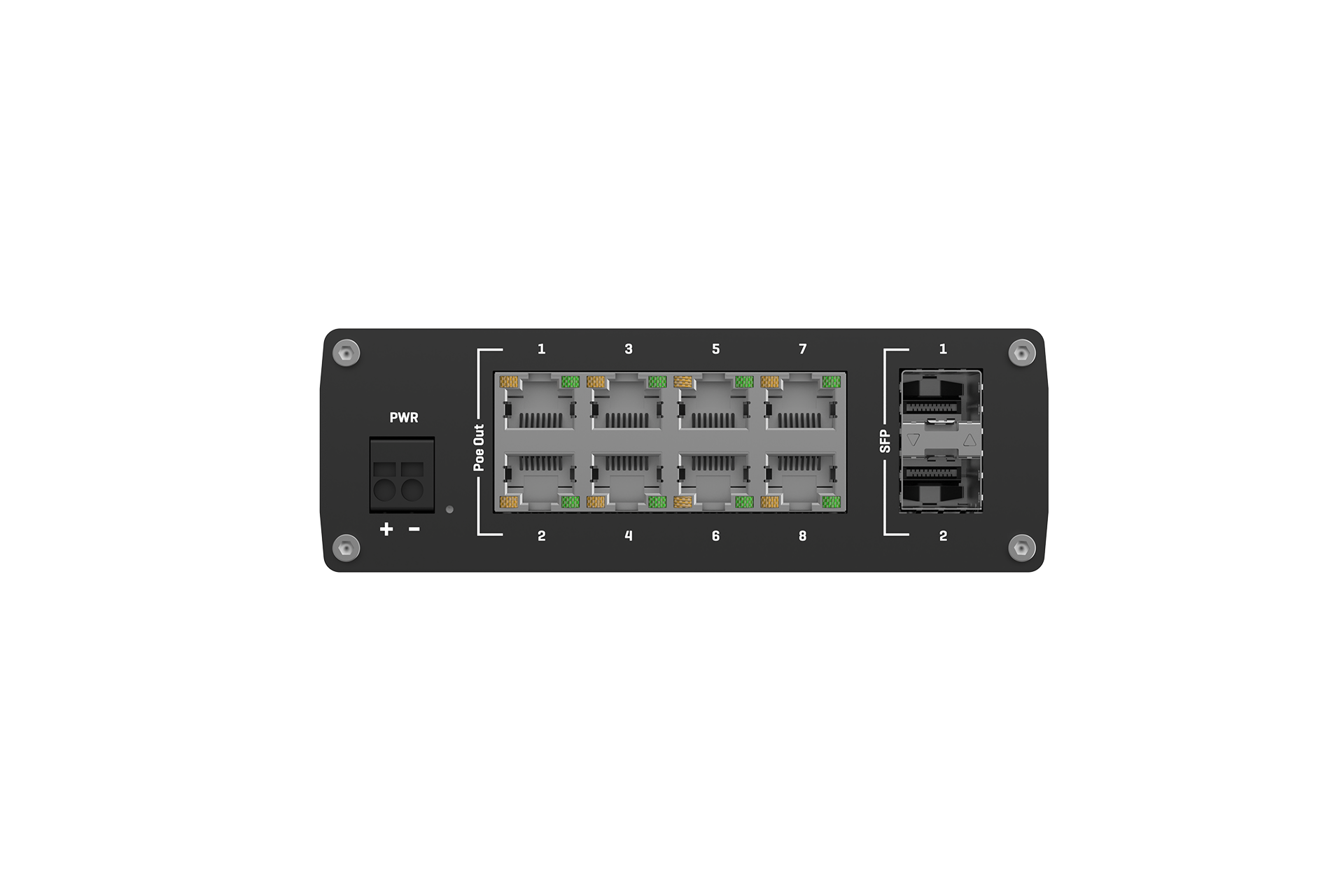 Black teltonika tsw200 unmanaged gigabit ethernet switch with eight ethernet ports two sfp slots and au power input on left