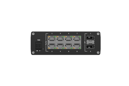 Black teltonika tsw200 unmanaged gigabit ethernet switch with eight ethernet ports two sfp slots and au power input on left