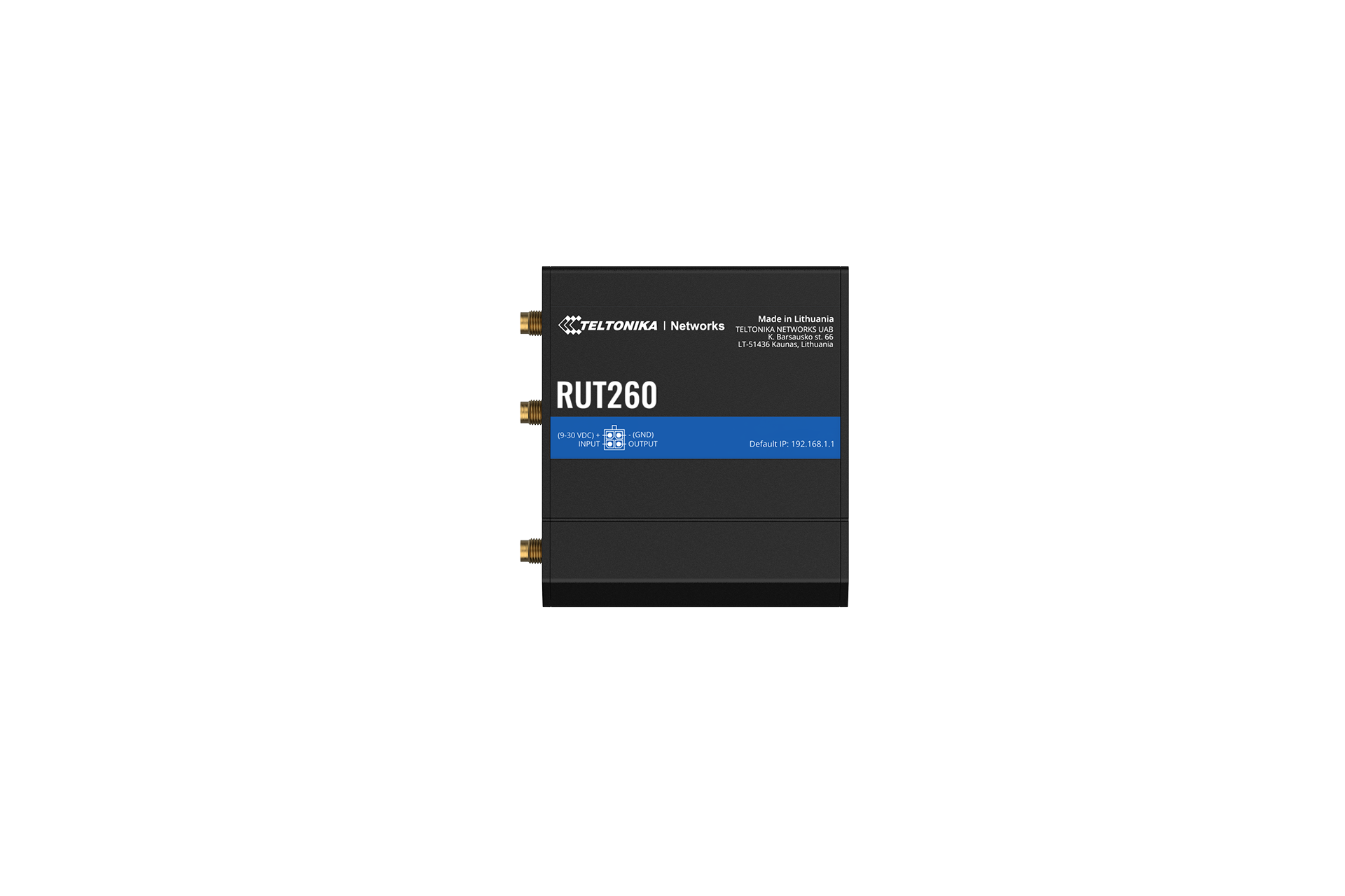 Black rectangular Teltonika RUT260 compact LTE cat 6 router with gold connectors and blue model label for WAN failover and LAN