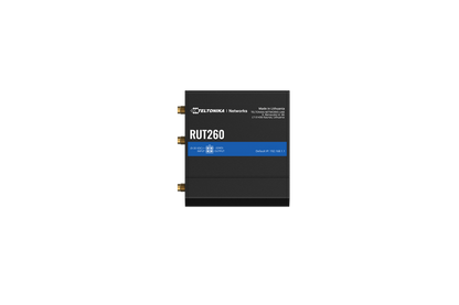 Black rectangular Teltonika RUT260 compact LTE cat 6 router with gold connectors and blue model label for WAN failover and LAN