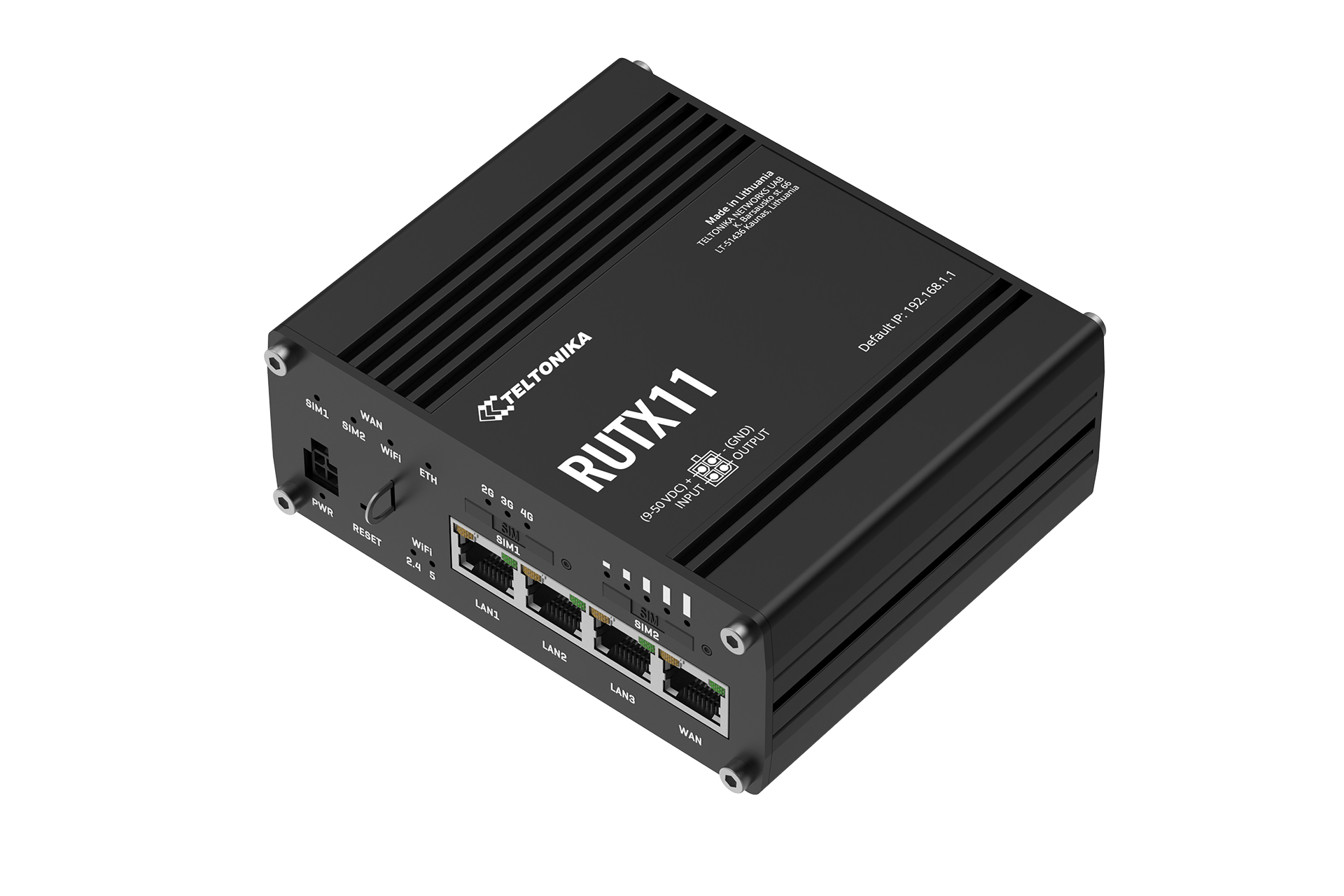 Black Teltonika RUTX11 LTE Cat 6 router with Ethernet and USB ports