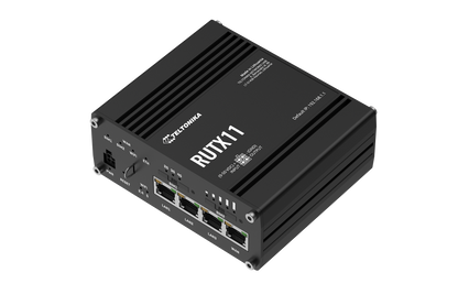 Black Teltonika RUTX11 LTE Cat 6 router with Ethernet and USB ports