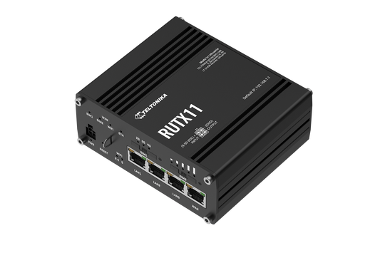 Black Teltonika RUTX11 LTE Cat 6 router with Ethernet and USB ports
