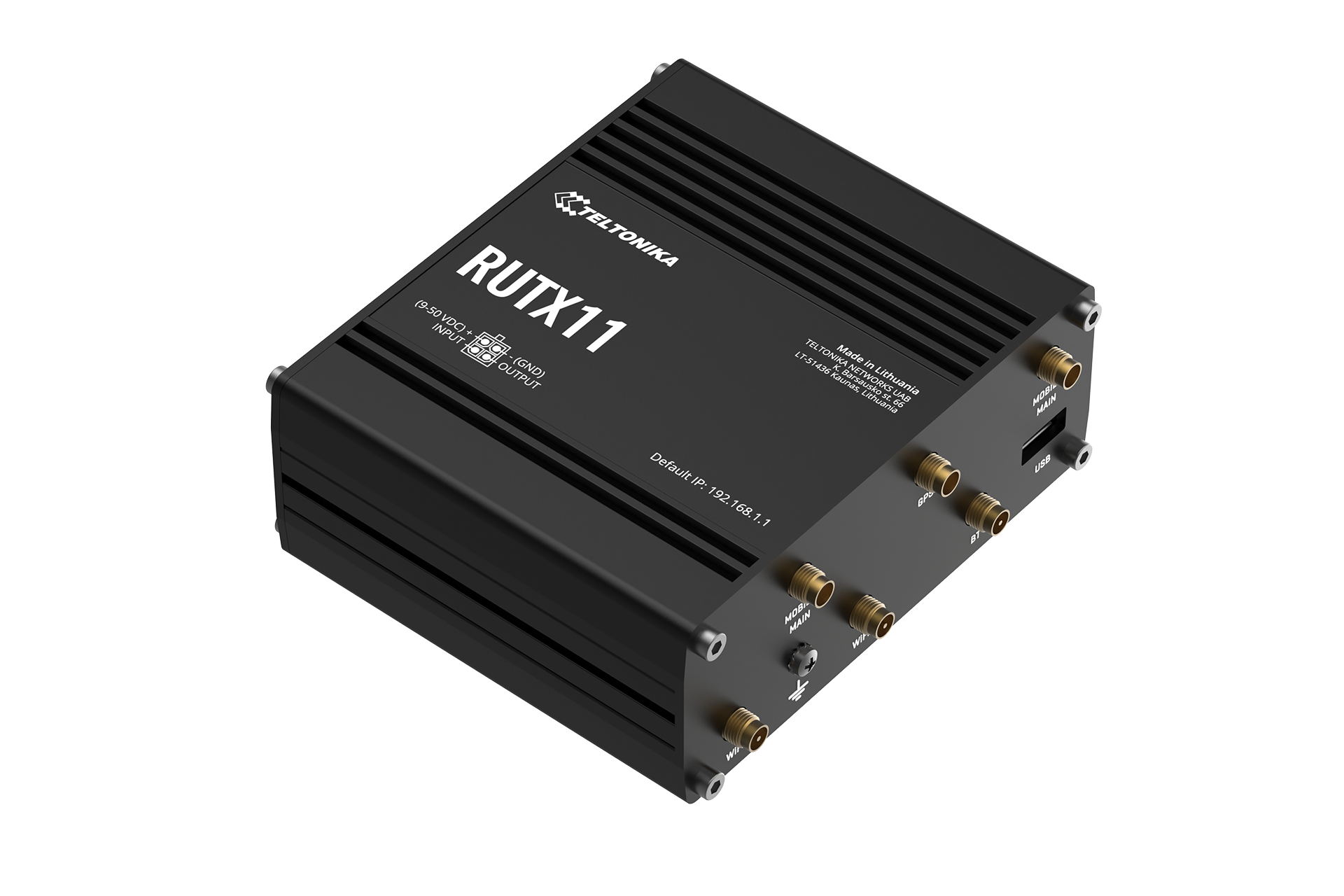 Black Teltonika RUTX11 LTE Cat 6 router with gold antenna connectors