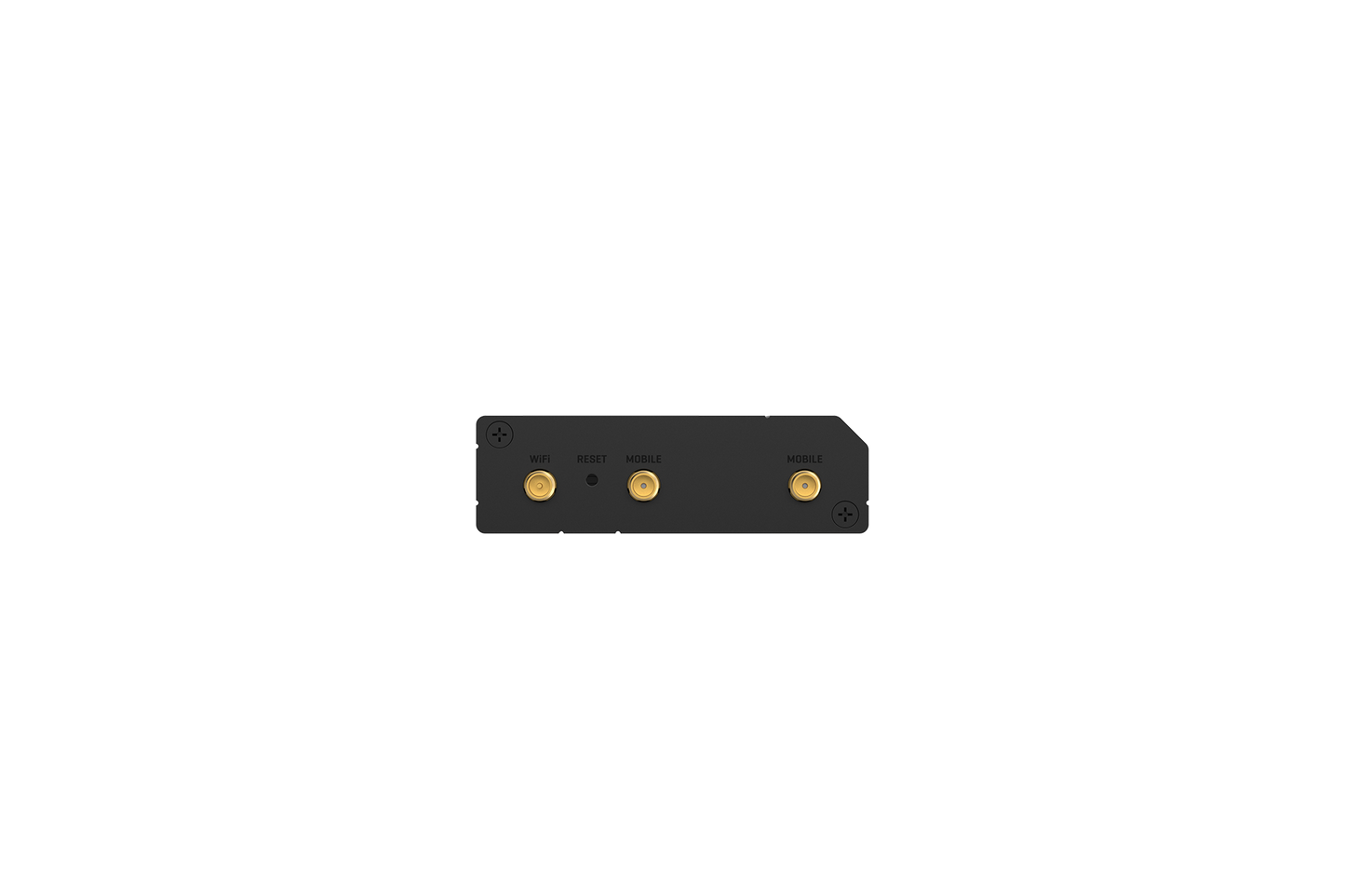 Black rectangular teltonika rut260 lte cat 6 router backside with three gold connectors and labeled ports for wan failover and lan