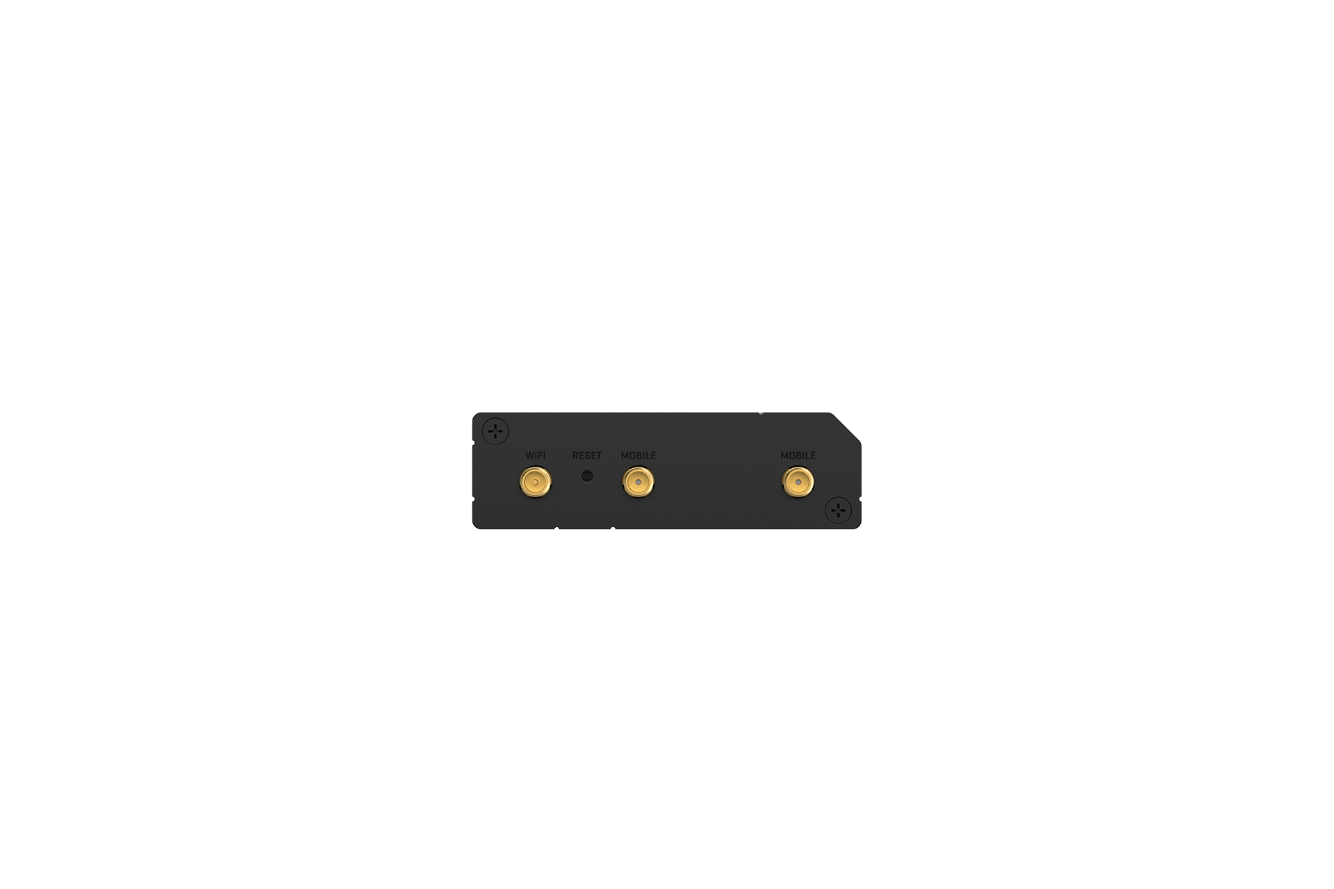 Black rectangular teltonika rut260 lte cat 6 router backside with three gold connectors and labeled ports for wan failover and lan