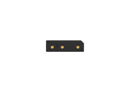 Black rectangular teltonika rut260 lte cat 6 router backside with three gold connectors and labeled ports for wan failover and lan