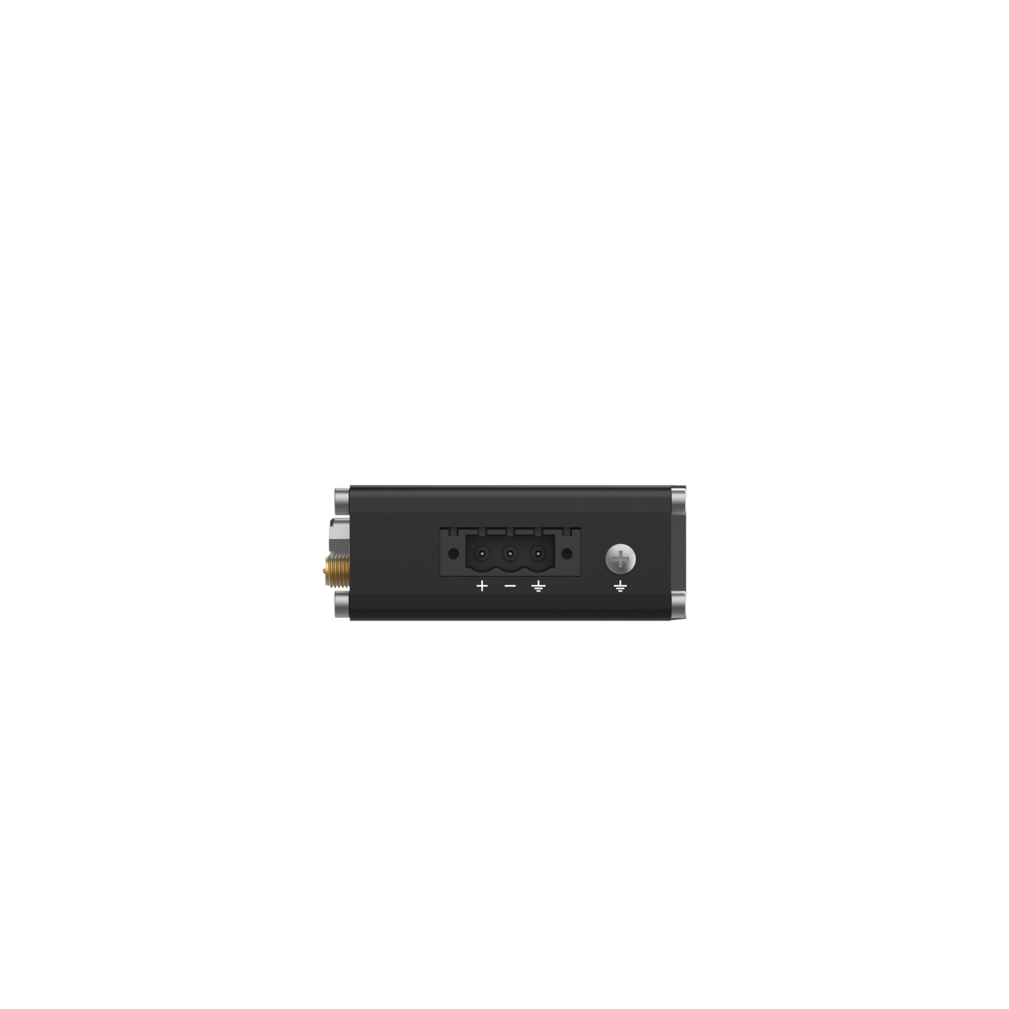 Black rectangular teltonika rut142 industrial rs232 router with silver edges and gold coaxial connector on left side
