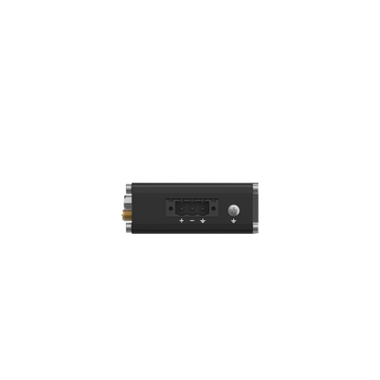 Black rectangular teltonika rut142 industrial rs232 router with silver edges and gold coaxial connector on left side